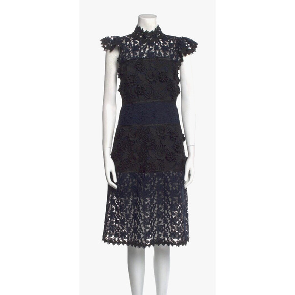 HALSTON HERITAGE EVENING COLLECTION Size 10 Blue Black Midi Lace Dress NWT $575 - Picture 1 of 10